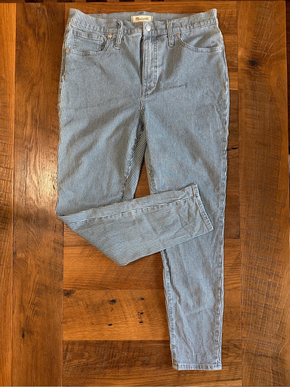 Madewell Light Blue and White Pinstripe Skinny Jeans